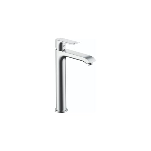 Chrome single-hole bathroom faucet with tall cylindrical base and curved spout.