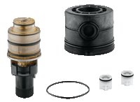 Grohe chrome cartridge with black cap, rubber seal ring, and metal components.