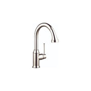 Polished nickel kitchen faucet with high arc spout and pull-down spray head.