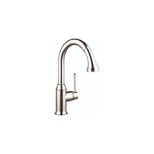 Polished nickel kitchen faucet with high arc spout and pull-down spray head.