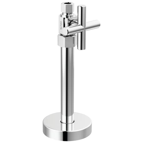 Chrome supply stop valve with cross handle and circular base mounted on vertical pipe.