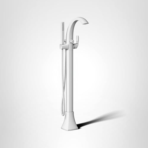 Chrome freestanding floor mount tub filler with curved spout, single handle, and detachable handshower on hose.