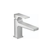 Chrome single-hole bathroom faucet with curved lever handle and rectangular spout.