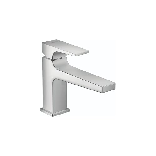 Chrome single-hole bathroom faucet with curved lever handle and rectangular spout.