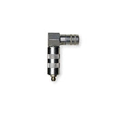 Metal right angle grease coupler with textured grip body and angled connection port.