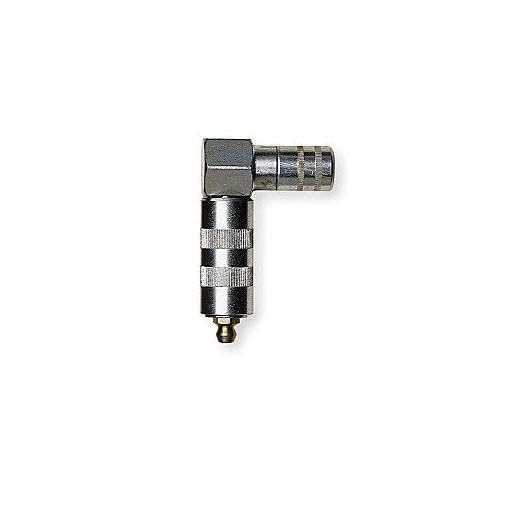 Metal right angle grease coupler with textured grip body and angled connection port.