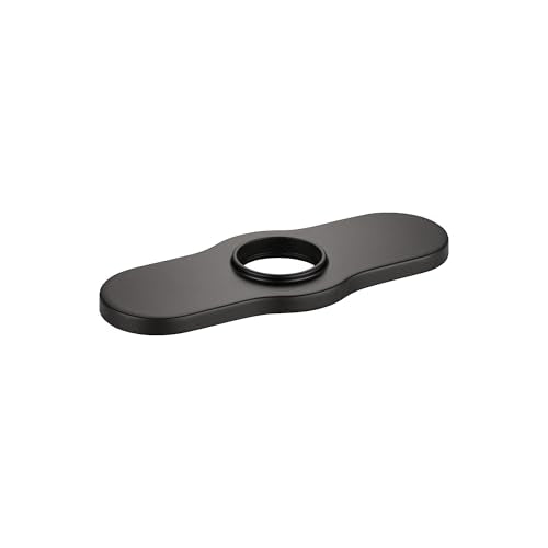 Matte black curved base plate with central circular opening for single-hole faucet installation.