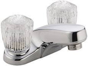 Chrome bathroom faucet with two clear knob handles and pop-up drain assembly.