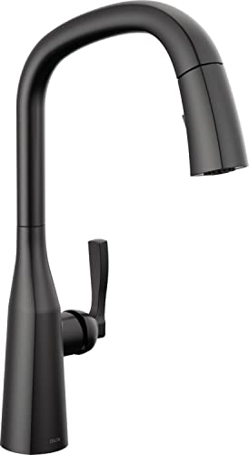 Matte black single-handle kitchen faucet with curved spout and pull-down spray head.