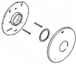 Two chrome escutcheon plates with mounting hardware and a threaded ring component shown disassembled.