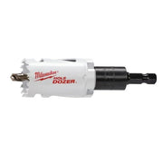 Milwaukee 1-1/4" bi-metal hole saw with white body, red branding, black arbor shaft, and serrated cutting edges.