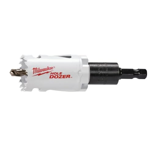 Milwaukee 1-1/4" bi-metal hole saw with white body, red branding, black arbor shaft, and serrated cutting edges.