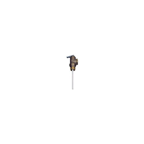 Brass temperature and pressure relief valve with test lever and extended thermostat probe on white background.
