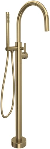 Antique gold floor-mount tub filler with curved spout and detached hand shower on flexible hose.