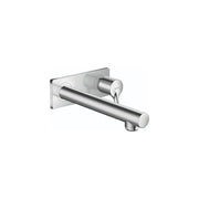 Chrome wall-mounted faucet trim with single lever handle and cylindrical spout extending horizontally.