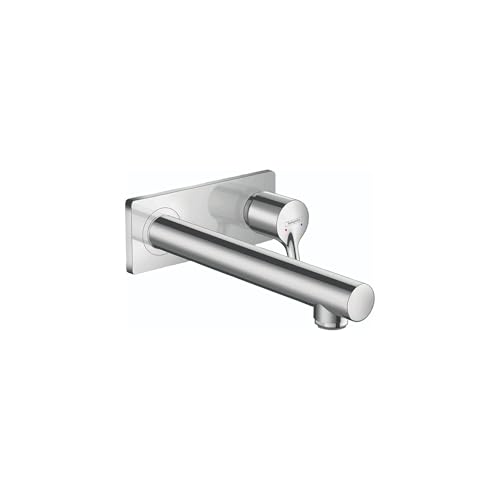 Chrome wall-mounted faucet trim with single lever handle and cylindrical spout extending horizontally.