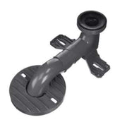 Black plastic toilet rough-in kit with circular base, angled mounting arm, and cylindrical top connection.