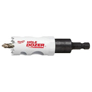 Milwaukee 1" HOLE DOZER bi-metal hole saw with arbor, white and black cylinder with drill bit tip.
