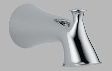 Chrome tub spout with curved tapered body and pull-up diverter lever on gray background.