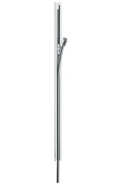 Chrome vertical shower rail with integrated handheld shower holder and sliding bracket.