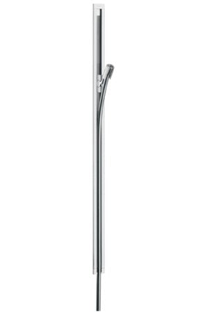 Chrome vertical shower rail with integrated handheld shower holder and sliding bracket.