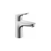 Chrome single-hole bathroom faucet with curved spout and lever handle.