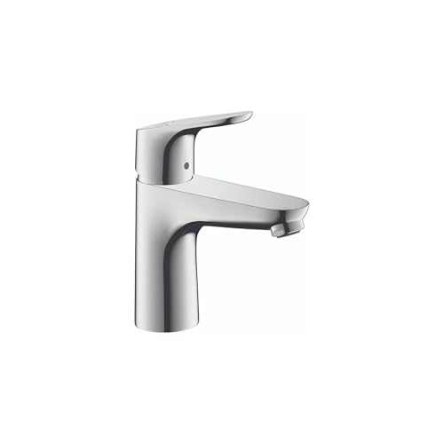 Chrome single-hole bathroom faucet with curved spout and lever handle.