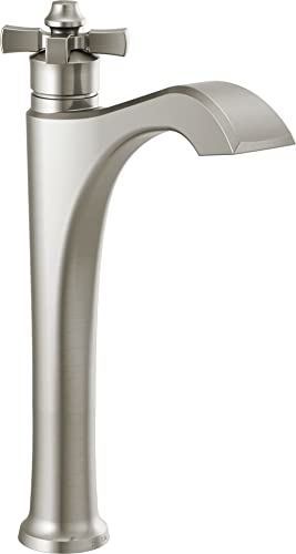 Brushed nickel single-handle bathroom faucet with curved spout and cross handles on tall cylindrical base.