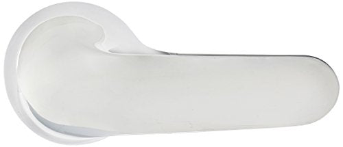 Chrome lever handle with circular escutcheon plate for tub and shower installation.