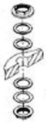 Chrome metal mounting kit components with threaded rings and washers arranged vertically.