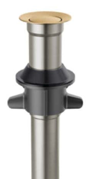 Champagne bronze push pop drain with stainless steel body and black rubber base, shown from above.