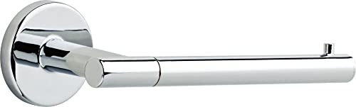 Chrome tissue holder with cylindrical bar mounted on round wall plate.