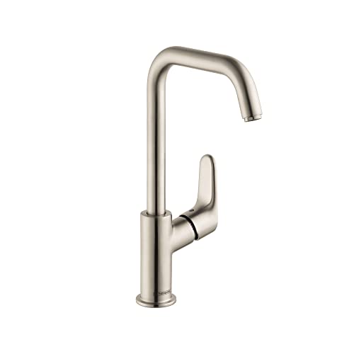 Tall single-hole kitchen faucet with curved spout and lever handle in brushed nickel finish.