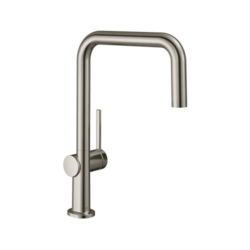Steel Optic U-shaped kitchen faucet with single lever handle and pull-down spray head.