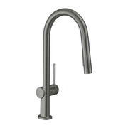 Brushed black chrome high-arc kitchen faucet with pull-down spray head and single lever handle.