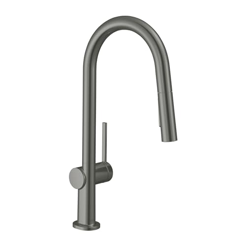 Brushed black chrome high-arc kitchen faucet with pull-down spray head and single lever handle.