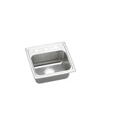 Stainless steel drop-in sink with single rectangular bowl and polished surface, shown from above at an angle.
