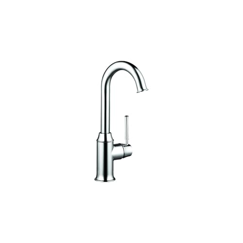 Chrome single-handle bar faucet with high curved spout and lever control.