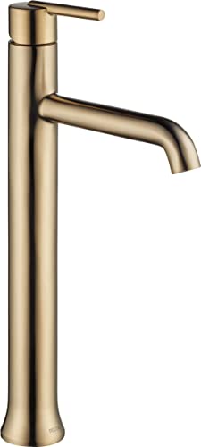 Gold-tone single-handle bathroom faucet with tall cylindrical body and curved spout.