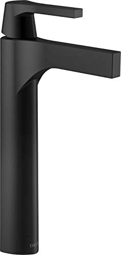 Black single-handle vessel faucet with tall spout and angular lever handle.