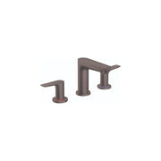 Brushed black chrome widespread faucet with two handles and tall center spout on white background.