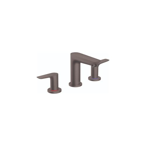 Brushed black chrome widespread faucet with two handles and tall center spout on white background.