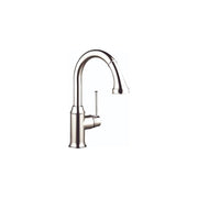 Polished nickel pull-down kitchen faucet with high arched spout and single lever handle.