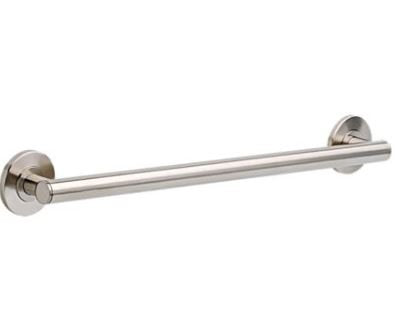 Polished stainless steel linear grab bar with round tube design and circular wall-mounted end flanges.