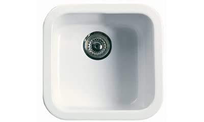 White fireclay square bar sink with single bowl and drain hole, shown from above.