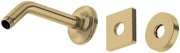 Antique gold wall mount shower arm with curved spout and three mounting flanges in various shapes.
