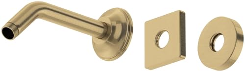 Antique gold wall mount shower arm with curved spout and three mounting flanges in various shapes.
