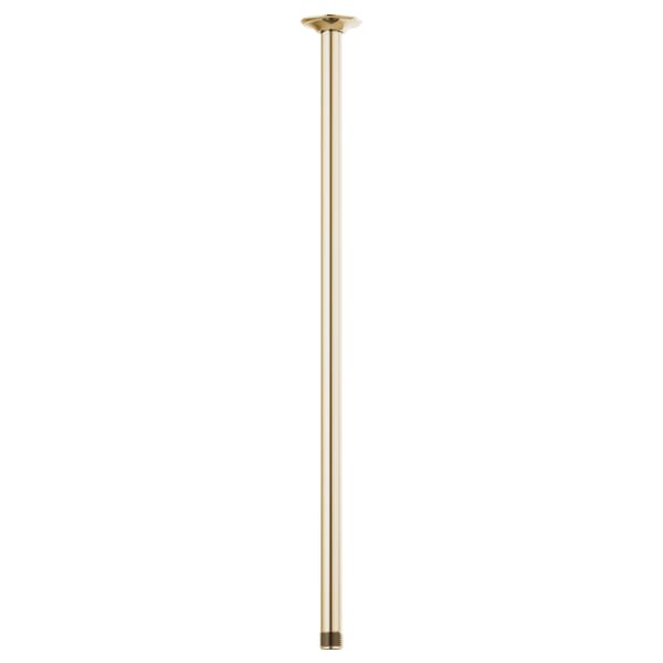 Brass-finish vertical shower arm with round ceiling flange, 24 inches long.