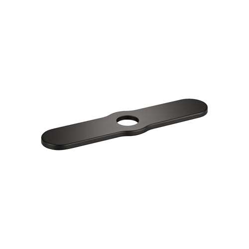 Matte black elongated base plate with central hole for single-hole kitchen faucet installation.