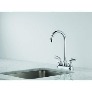Chrome two-handle bar faucet with curved spout mounted above rectangular stainless steel sink.